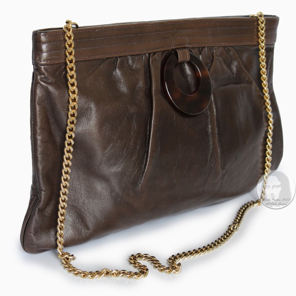 Morris Moskowitz Clutch Shoulder Bag Brown Leather Mod Resin Ring Chain Strap - Picture 2 of 11